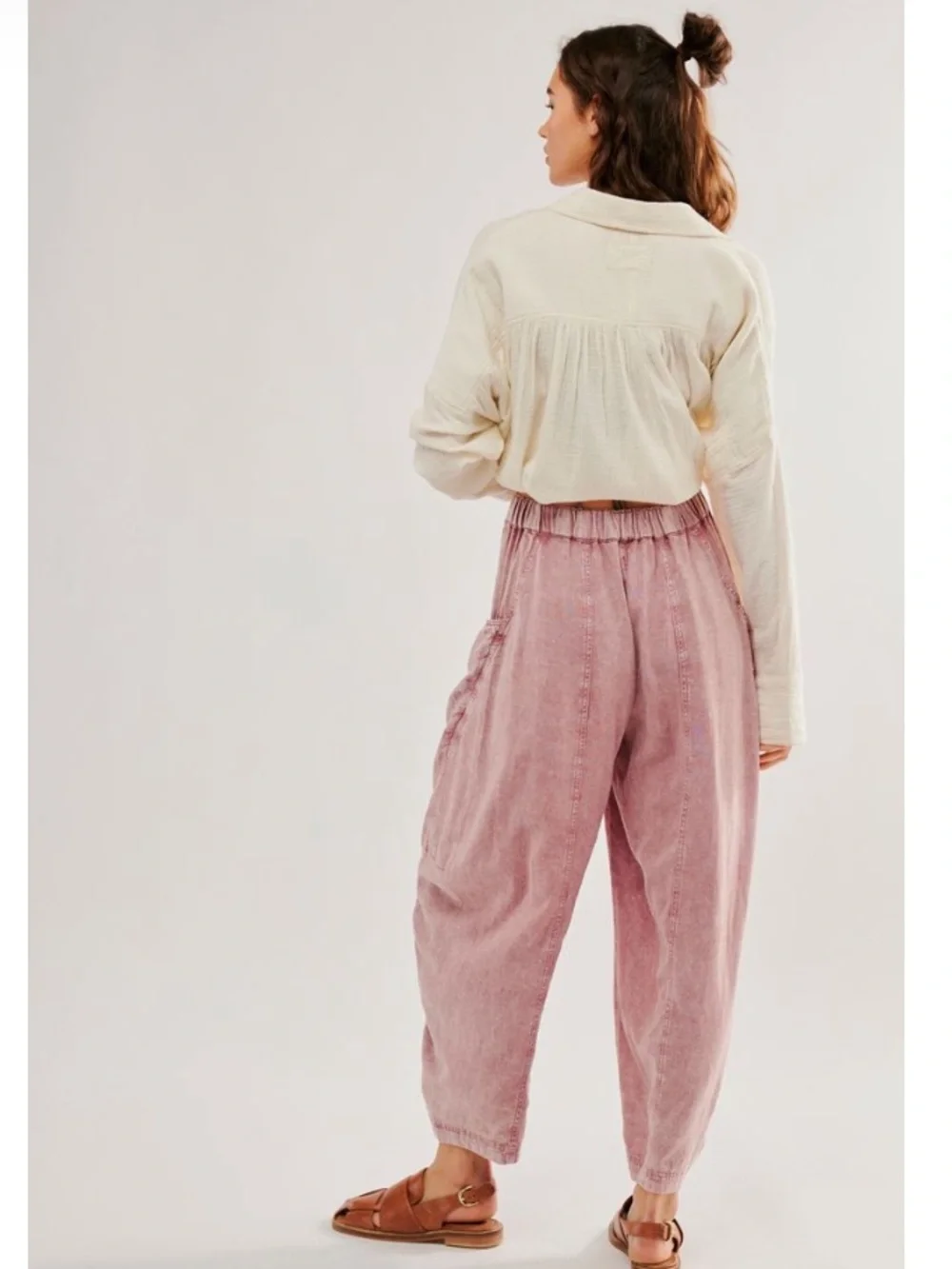 FREE PEOPLE High Road Washed Pull-On Linen Blend Barrel Pants in Blushed Tint - Picture 2 of 6
